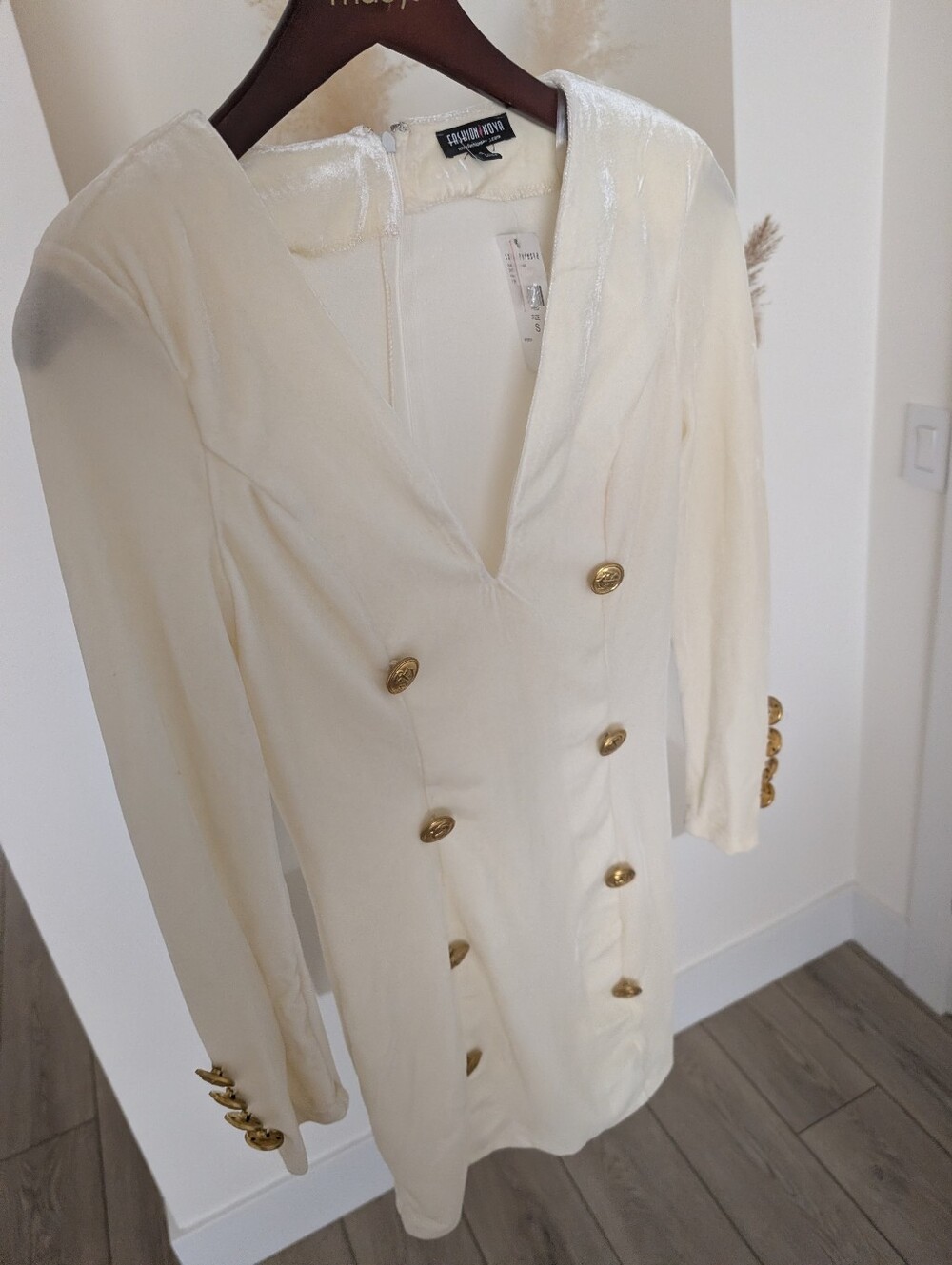 Fashionnova Set Sail dress ivory velvet deep vneck Double Breasted Blazer Dress